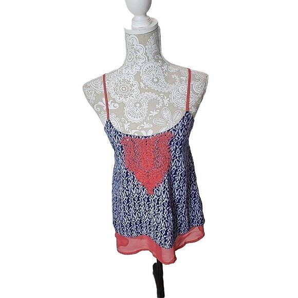 THML Women Blue Print Tank Top Layered Blouse With Embroidery Xsmall XS - Picture 1 of 8